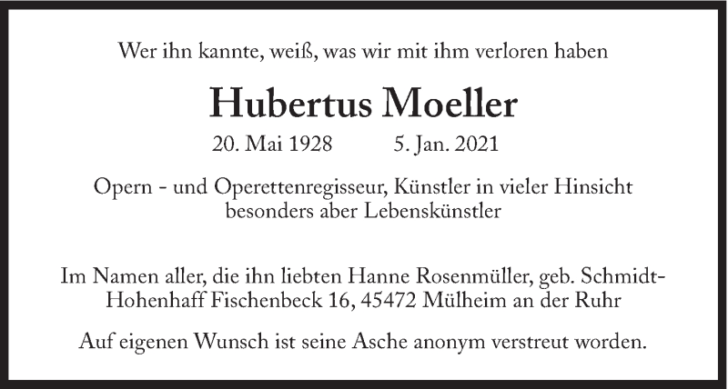  Traueranzeige für Hubertus Moeller vom 26.01.2021 aus Süddeutsche Zeitung