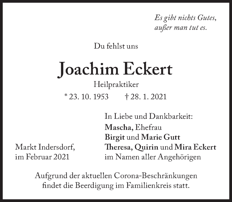  Traueranzeige für Joachim Eckert vom 01.02.2021 aus Süddeutsche Zeitung
