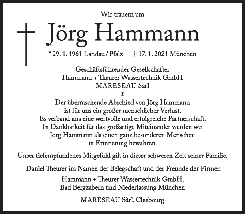  Traueranzeige für Jörg Hammann vom 23.01.2021 aus Süddeutsche Zeitung