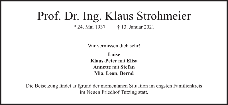 Anzeige von  Klaus Strohmeier