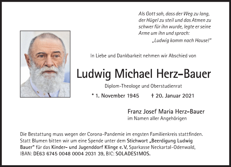  Traueranzeige für Ludwig Michael Herz-Bauer vom 23.01.2021 aus Süddeutsche Zeitung
