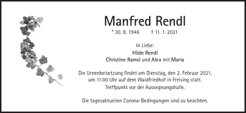 Traueranzeige von Manfred Rendl von Süddeutsche Zeitung