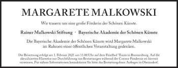 Traueranzeige von Margarete Malkowski von Süddeutsche Zeitung