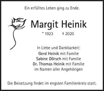 Traueranzeige von Margit Heinik von Süddeutsche Zeitung