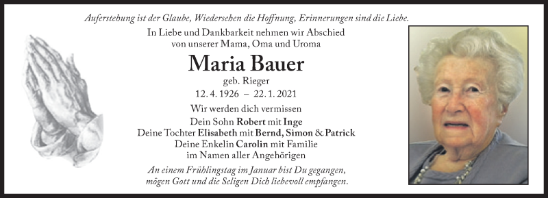  Traueranzeige für Maria Bauer vom 27.01.2021 aus Süddeutsche Zeitung