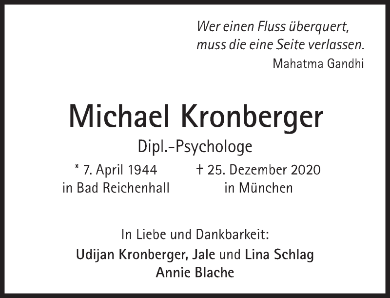  Traueranzeige für Michael Kronberger vom 16.01.2021 aus Süddeutsche Zeitung