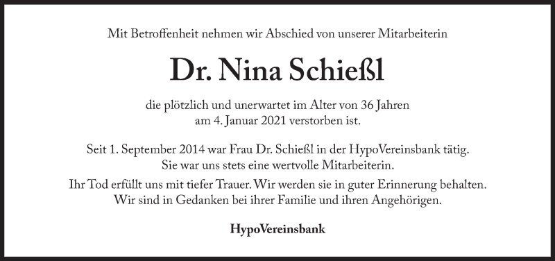  Traueranzeige für Nina Schießl vom 21.01.2021 aus Süddeutsche Zeitung