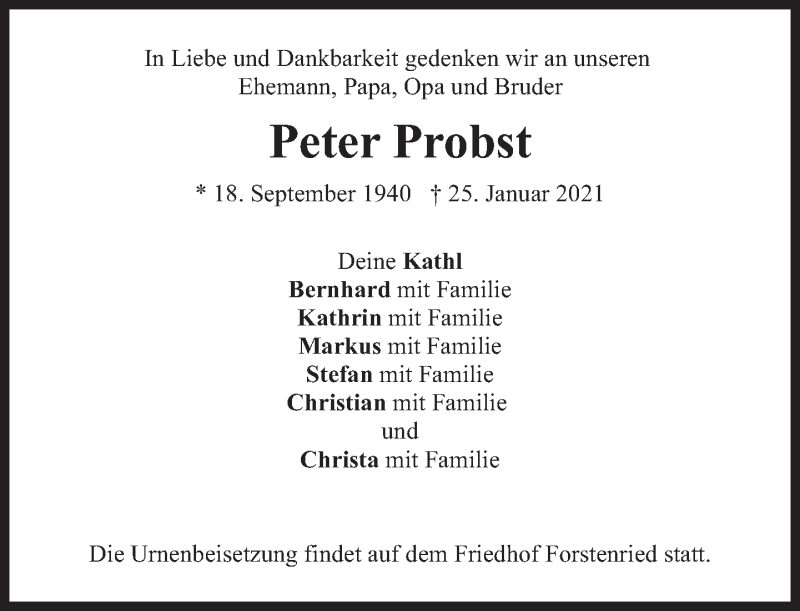  Traueranzeige für Peter Probst vom 30.01.2021 aus Süddeutsche Zeitung