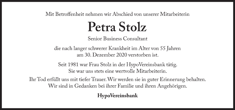  Traueranzeige für Petra Stolz vom 26.01.2021 aus Süddeutsche Zeitung