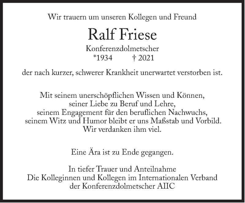  Traueranzeige für Ralf Friese vom 11.01.2021 aus Süddeutsche Zeitung