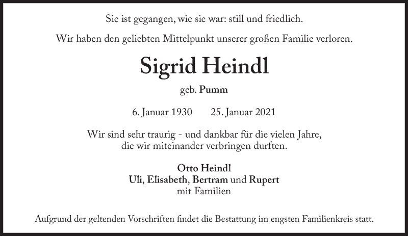  Traueranzeige für Sigrid Heindl vom 30.01.2021 aus Süddeutsche Zeitung