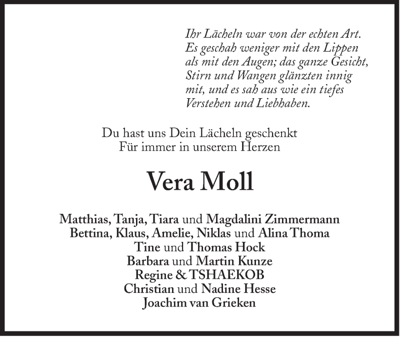  Traueranzeige für Vera Moll vom 16.01.2021 aus Süddeutsche Zeitung