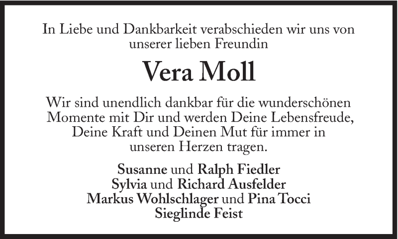  Traueranzeige für Vera Moll vom 23.01.2021 aus Süddeutsche Zeitung
