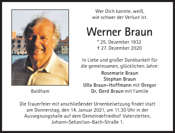 Traueranzeige von Werner Braun von Süddeutsche Zeitung