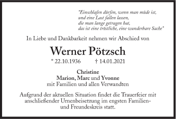 Traueranzeige von Werner Pötzsch von Süddeutsche Zeitung