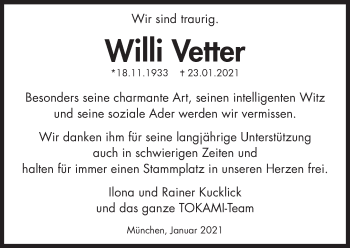 Traueranzeige von Willi Vetter von Süddeutsche Zeitung