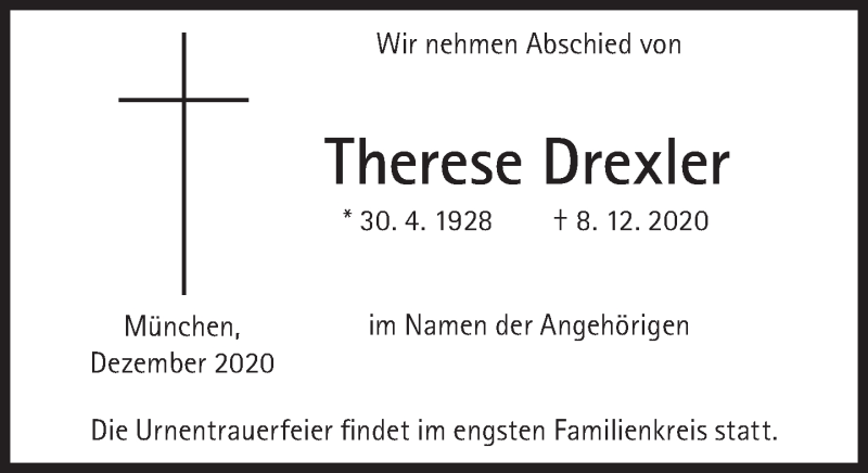  Traueranzeige für Therese Drexler vom 16.01.2021 aus Süddeutsche Zeitung