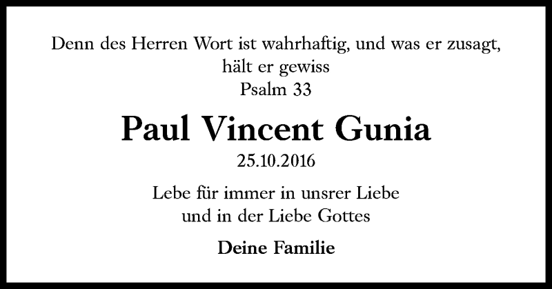  Traueranzeige für Paul Vincent Gunia vom 25.10.2021 aus Süddeutsche Zeitung