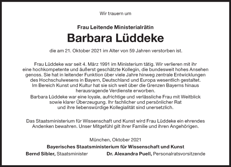  Traueranzeige für Barbara Lüddeke vom 27.10.2021 aus Süddeutsche Zeitung