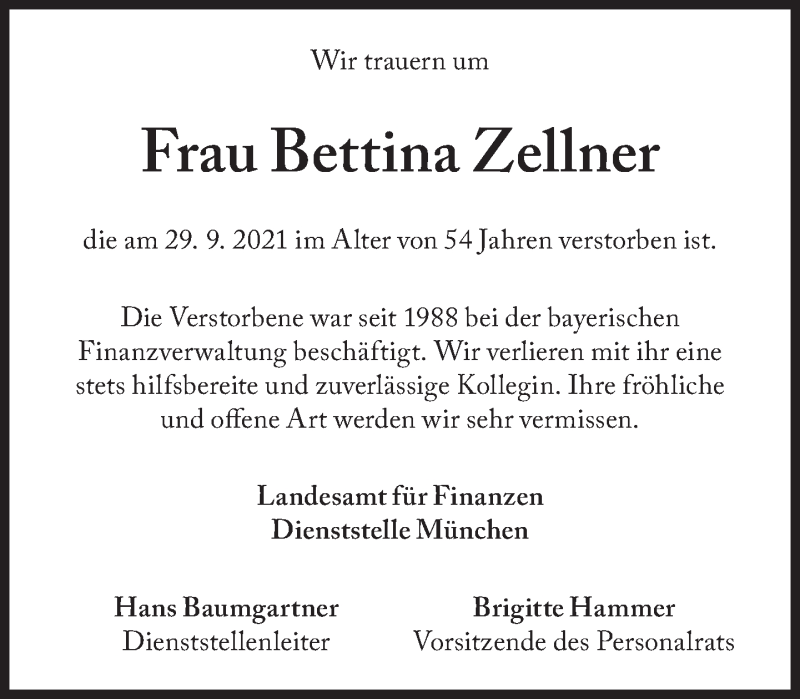  Traueranzeige für Bettina Zellner vom 09.10.2021 aus Süddeutsche Zeitung