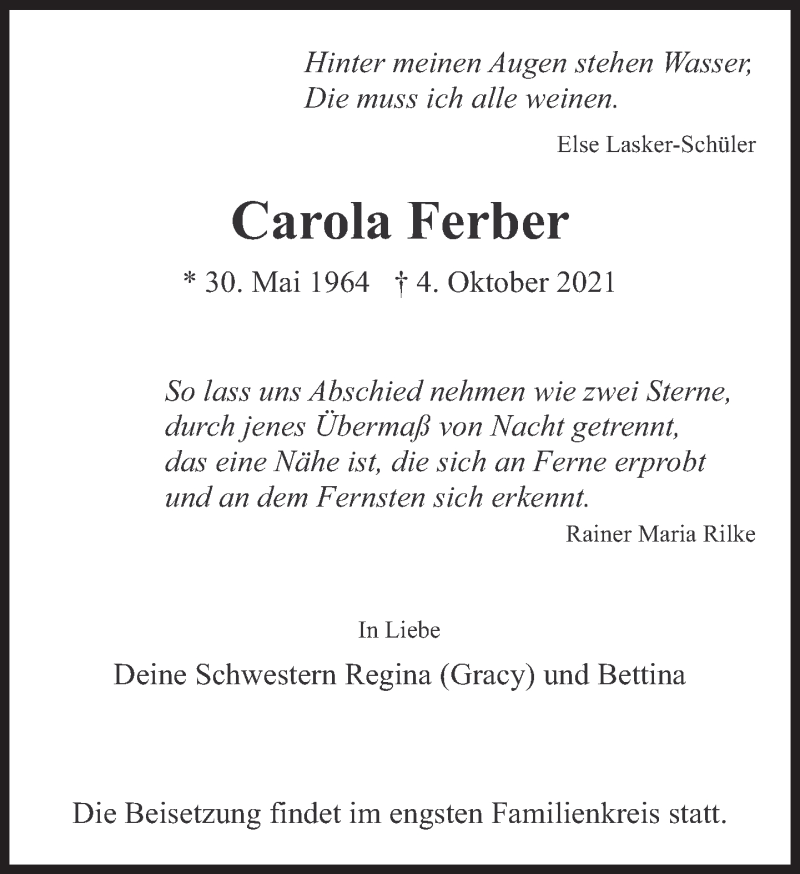  Traueranzeige für Carola Ferber vom 09.10.2021 aus Süddeutsche Zeitung