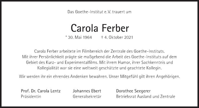  Traueranzeige für Carola Ferber vom 16.10.2021 aus Süddeutsche Zeitung