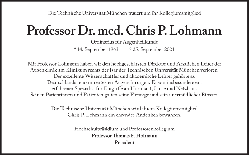  Traueranzeige für Chris P. Lohmann  vom 02.10.2021 aus Süddeutsche Zeitung