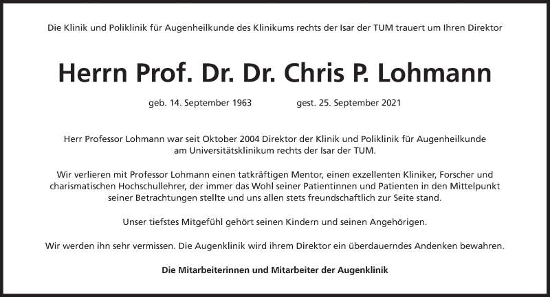  Traueranzeige für Chris P. Lohmann  vom 02.10.2021 aus Süddeutsche Zeitung