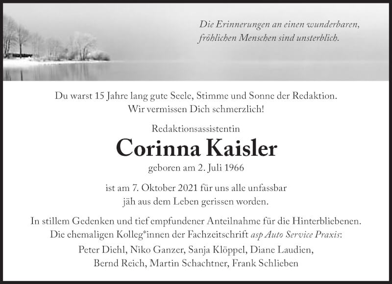  Traueranzeige für Corinna Kaisler vom 16.10.2021 aus Süddeutsche Zeitung