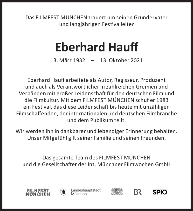  Traueranzeige für Eberhard Hauff vom 19.10.2021 aus Süddeutsche Zeitung