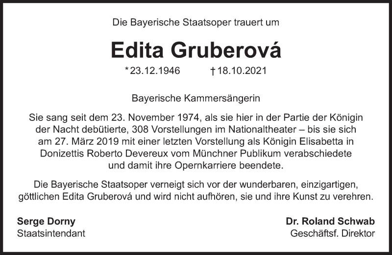  Traueranzeige für Edita Gruberova vom 23.10.2021 aus Süddeutsche Zeitung
