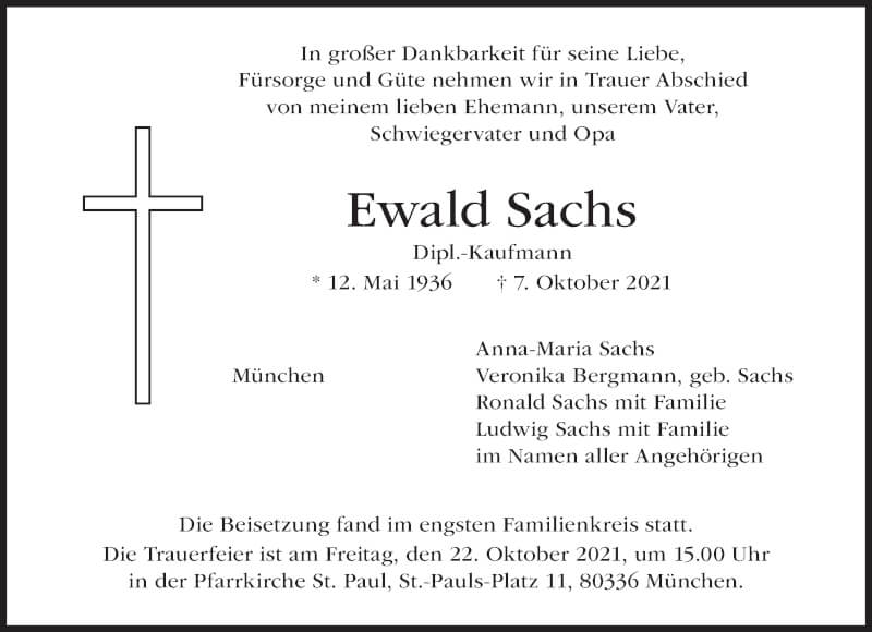  Traueranzeige für Ewald Sachs vom 16.10.2021 aus Süddeutsche Zeitung