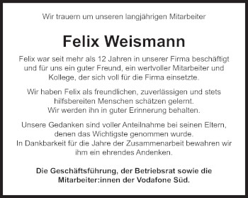 Traueranzeige von Felix Weismann von Süddeutsche Zeitung