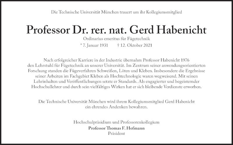  Traueranzeige für Gerd Habenicht vom 16.10.2021 aus Süddeutsche Zeitung