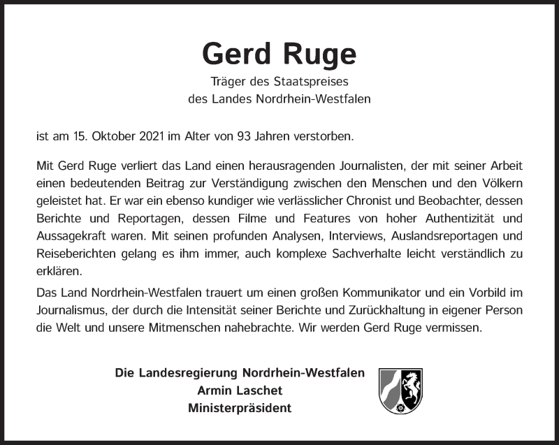  Traueranzeige für Gerd Ruge vom 23.10.2021 aus Süddeutsche Zeitung