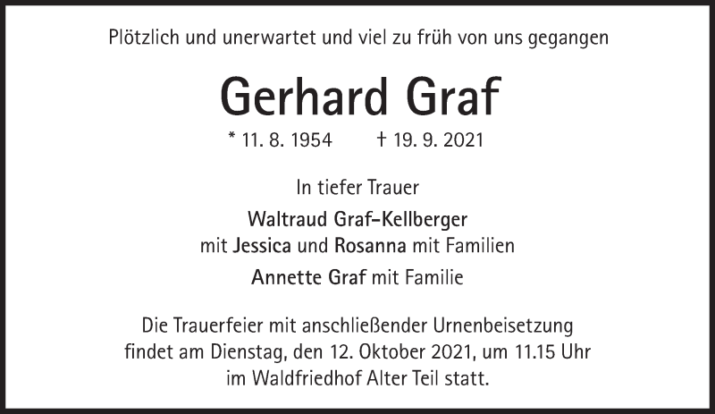  Traueranzeige für Gerhard Graf vom 09.10.2021 aus Süddeutsche Zeitung