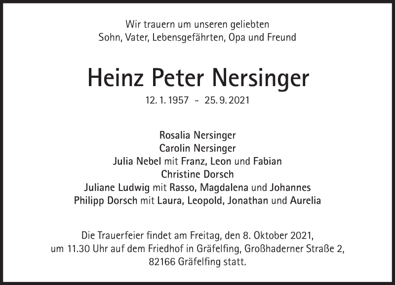  Traueranzeige für Heinz Peter Nersinger vom 02.10.2021 aus Süddeutsche Zeitung