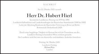 Traueranzeige von Hubert Franz Hierl von Süddeutsche Zeitung