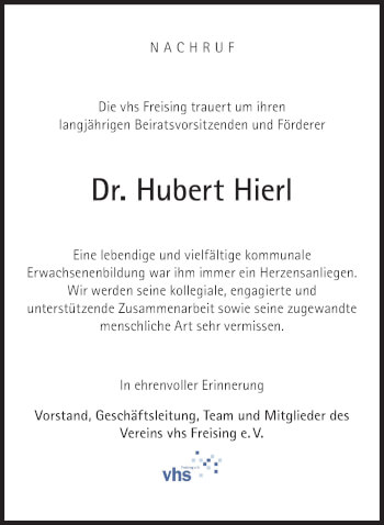 Traueranzeige von Hubert Franz Hierl von Süddeutsche Zeitung