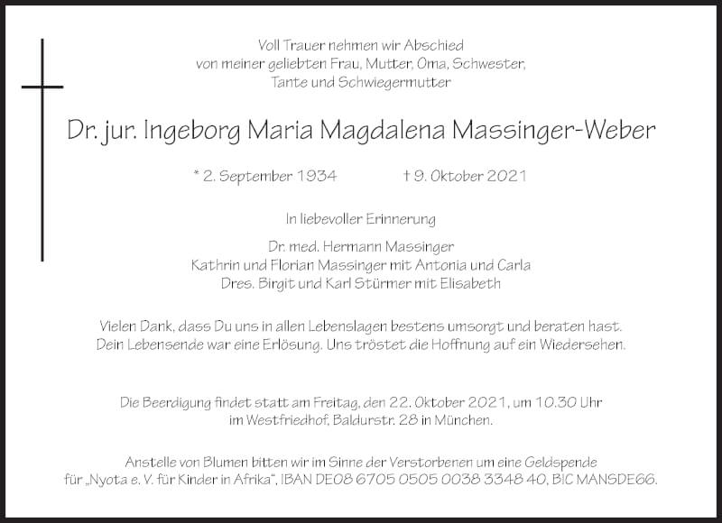  Traueranzeige für Ingeborg Maria Magdalena Massinger-Weber vom 16.10.2021 aus Süddeutsche Zeitung