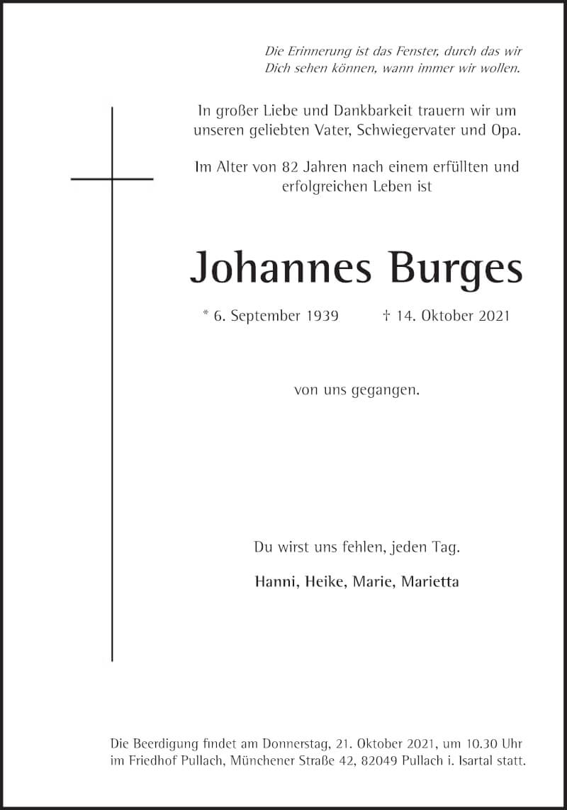 Anzeige von  Johannes Burges