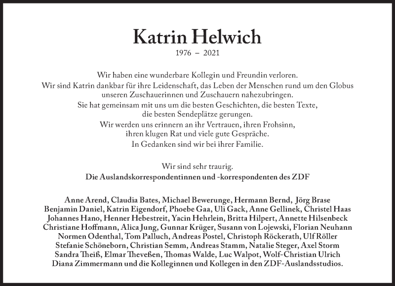  Traueranzeige für Katrin Helwich vom 14.10.2021 aus Süddeutsche Zeitung