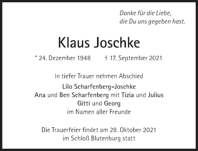  Traueranzeige für Klaus Joschke vom 16.10.2021 aus Süddeutsche Zeitung