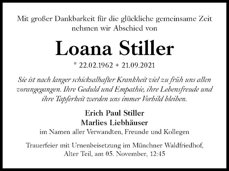  Traueranzeige für Loana Stiller vom 16.10.2021 aus Süddeutsche Zeitung