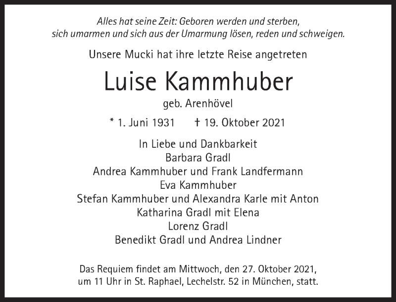 Traueranzeige für Luise Kammhuber vom 23.10.2021 aus Süddeutsche Zeitung