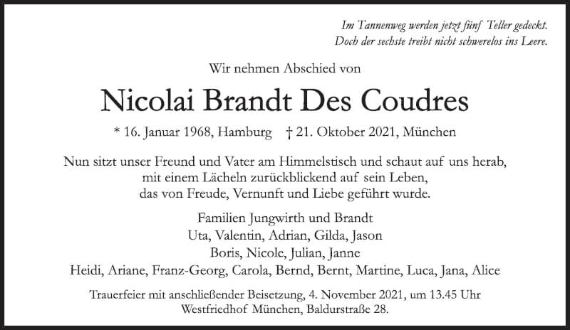  Traueranzeige für Nicolai Brandt Des Coudres vom 30.10.2021 aus Süddeutsche Zeitung