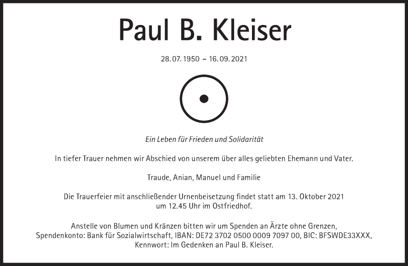  Traueranzeige für Paul B. Kleiser vom 09.10.2021 aus Süddeutsche Zeitung