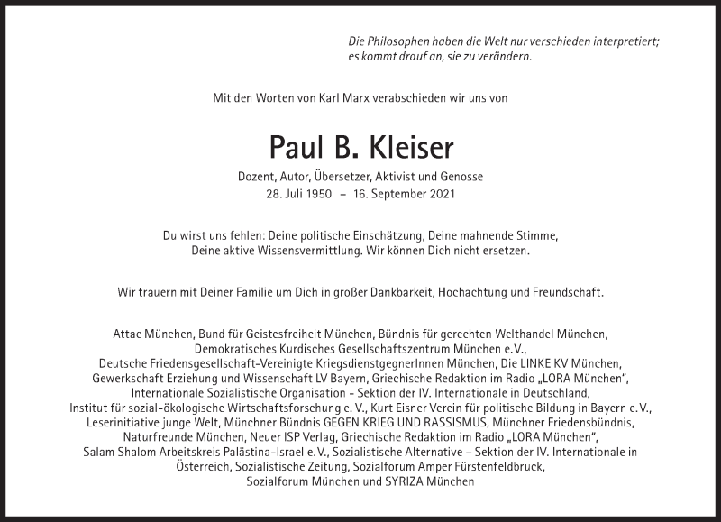  Traueranzeige für Paul B. Kleiser vom 09.10.2021 aus Süddeutsche Zeitung