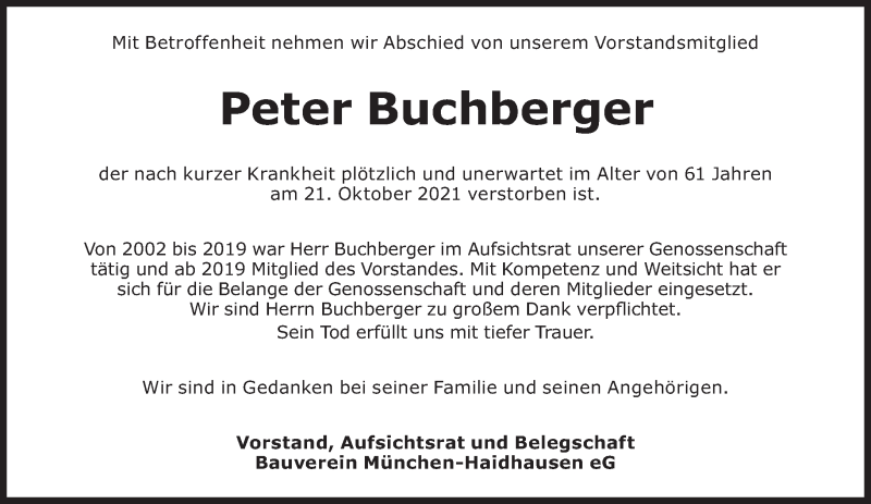  Traueranzeige für Peter Buchberger vom 27.10.2021 aus Süddeutsche Zeitung