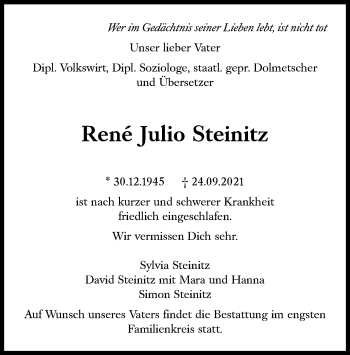 Traueranzeige von René Julio Steinitz von Süddeutsche Zeitung